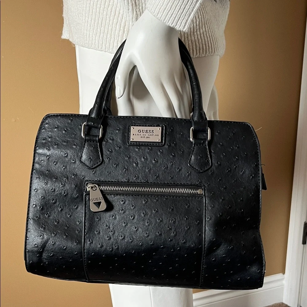GUESS Black Textured Satchel with Front Zip Pocket - Picture 1 of 14
